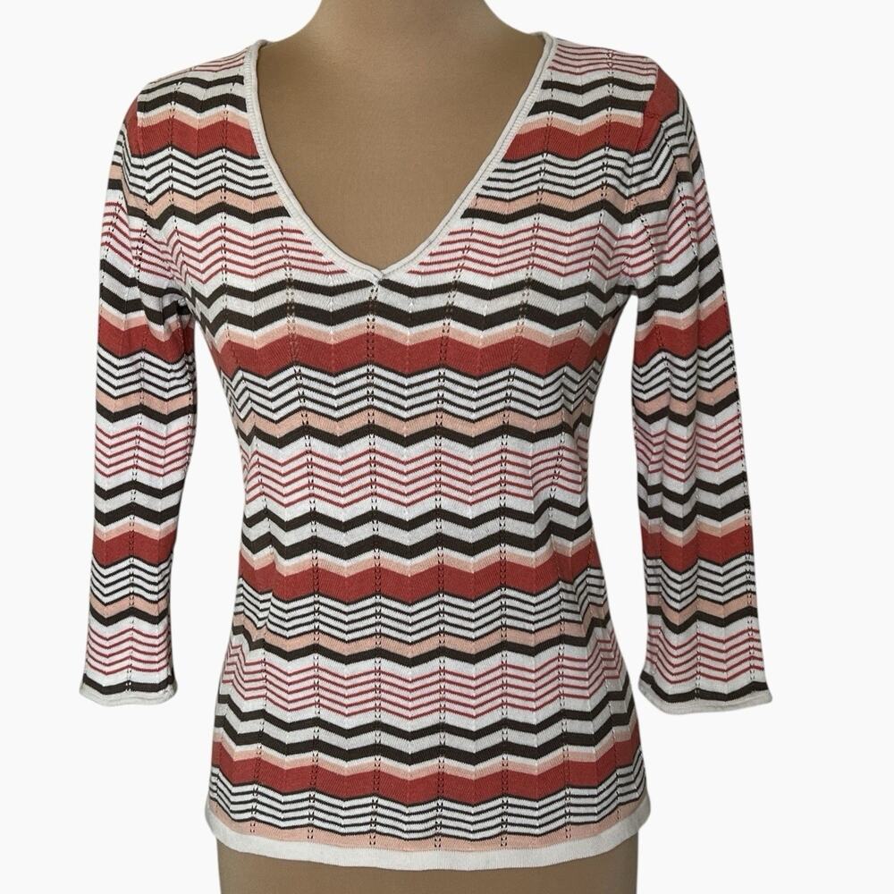 Judith Hart Linen Blend Knit Top Size 8 Chevron ZigZag Design Orange Brown
